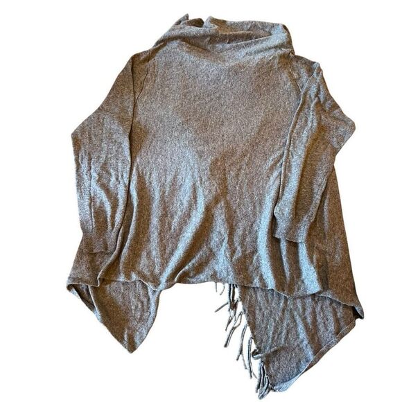 She + Sky Cowl Neck Fringe Cotton Blend Long Sleeve Poncho Sweater Gray Large - Picture 8 of 8